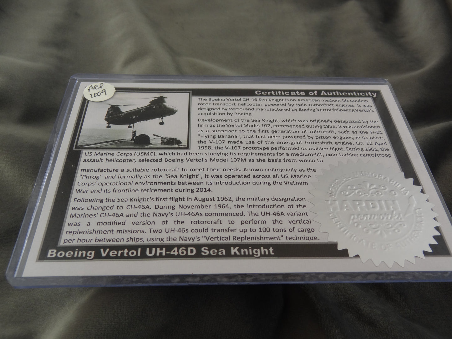 Boeing Vertol CH-46 Sea Knight Historical Ink Pen and COA