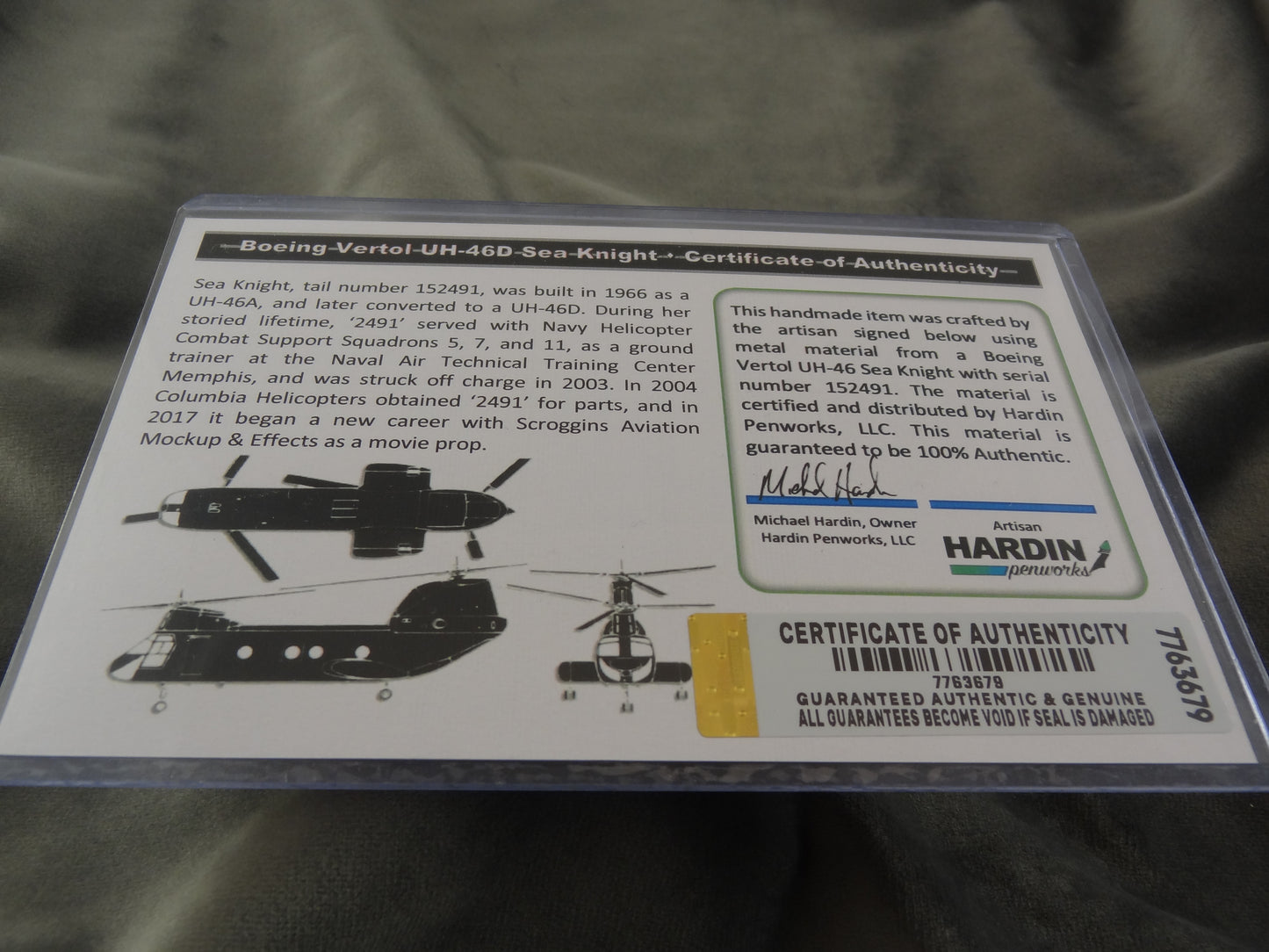 Boeing Vertol CH-46 Sea Knight Historical Ink Pen and COA