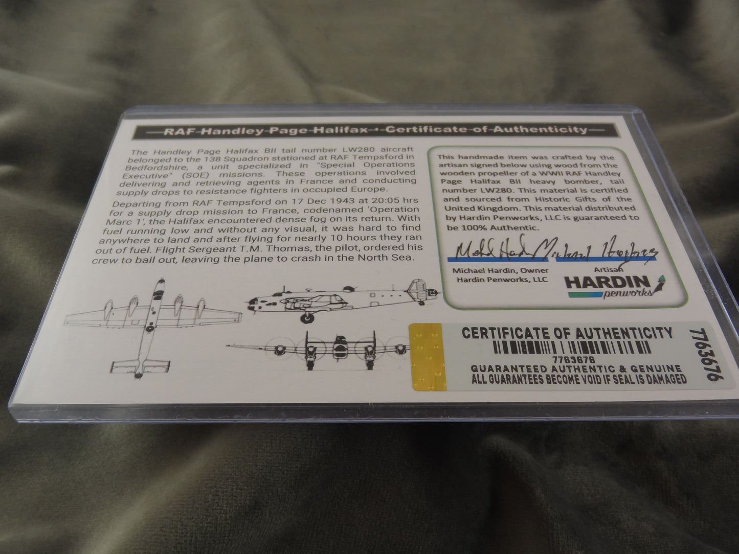 RAF Handley Page Halifax Ink Pen with COA