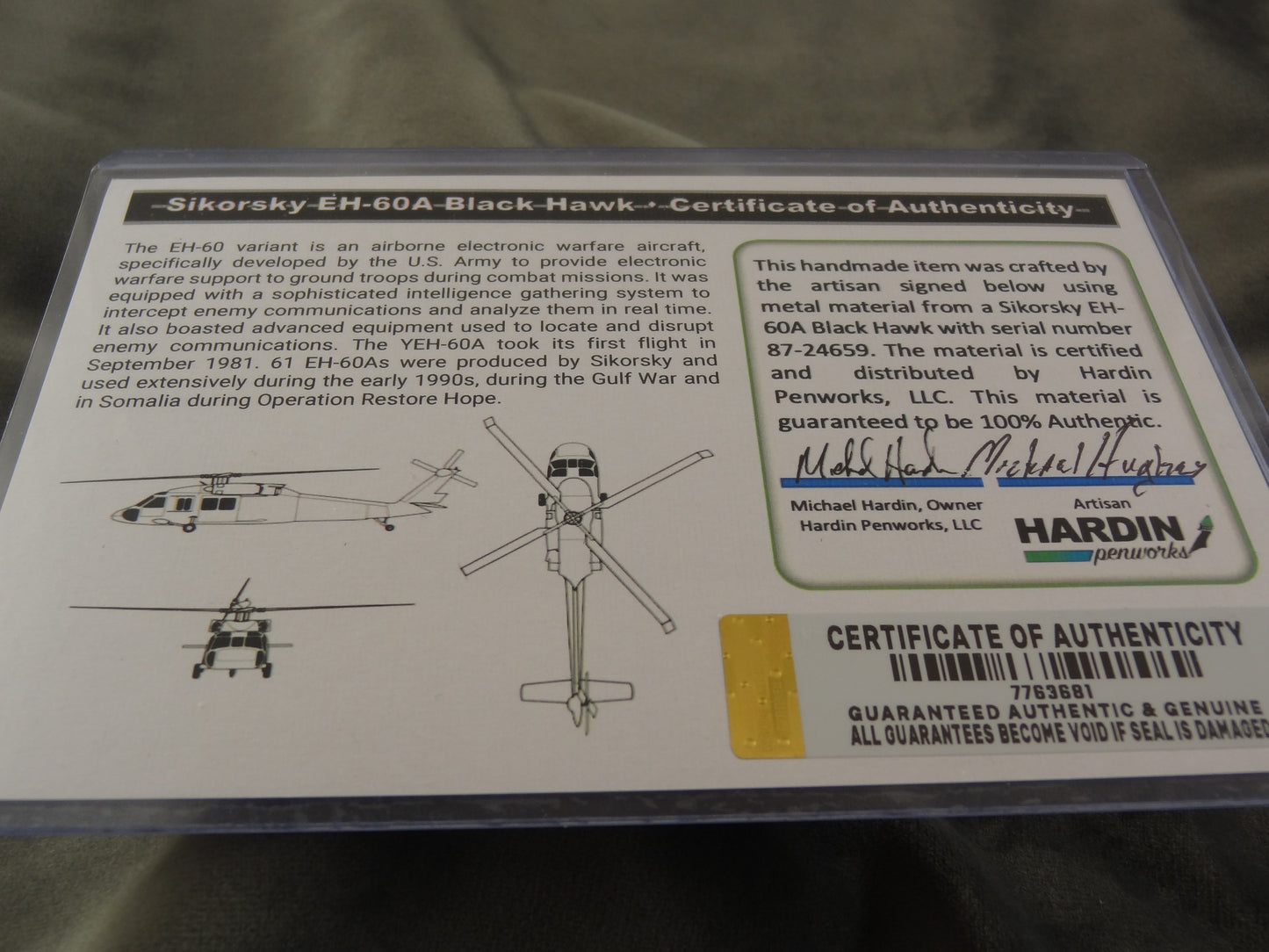 Sikorsky EH-60A Black Hawk Ink Pen with COA