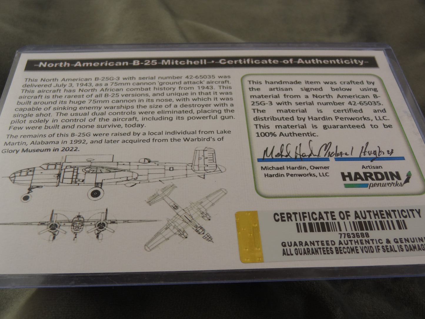 North American B-25 Mitchell Ink Pen with COA