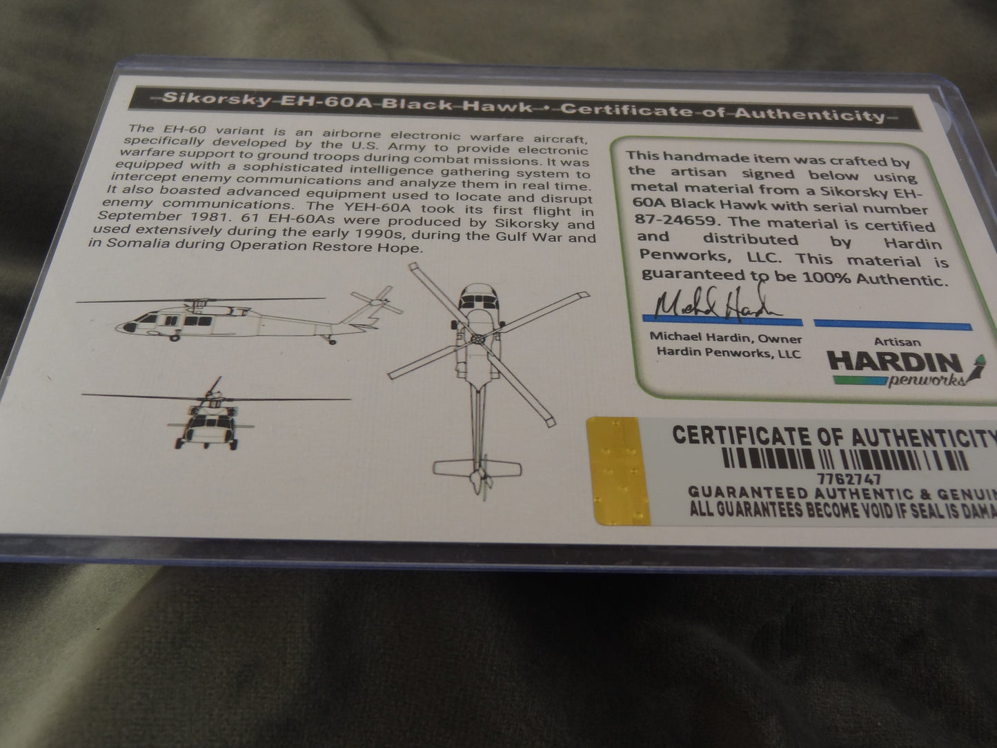 Sikorsky EH-60A Black Hawk Ink Pen with COA
