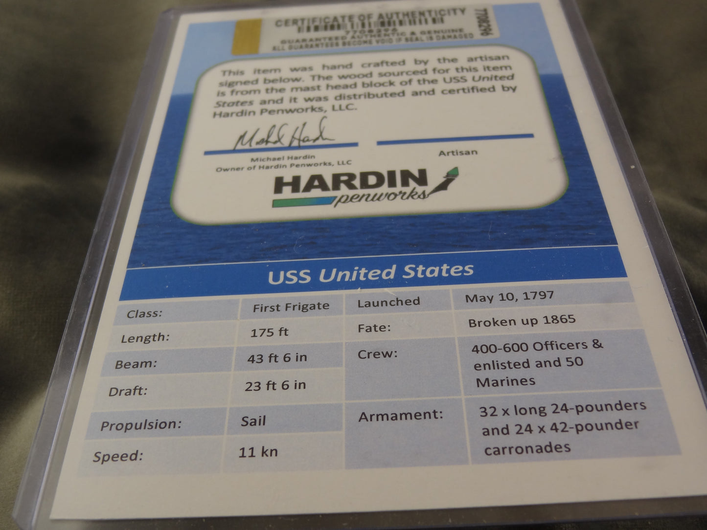 USS United States Ink Pen and COA