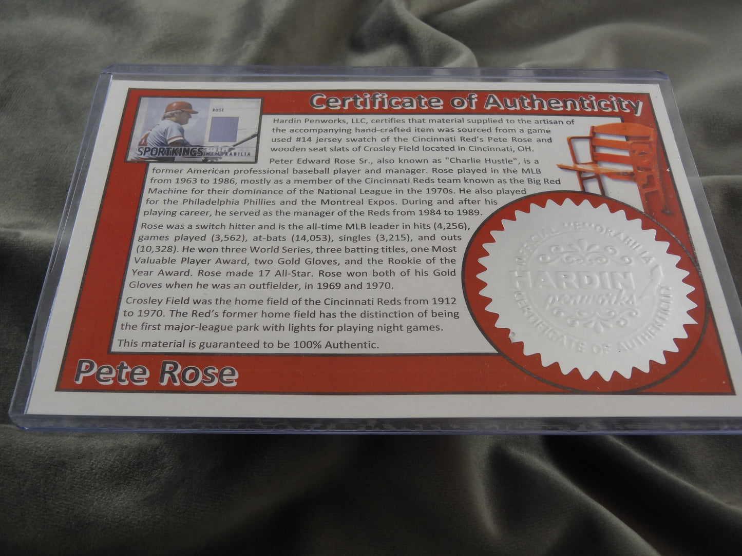 Pete Rose Crosley Field Seat Historical Pen with Certificate of Authenticity