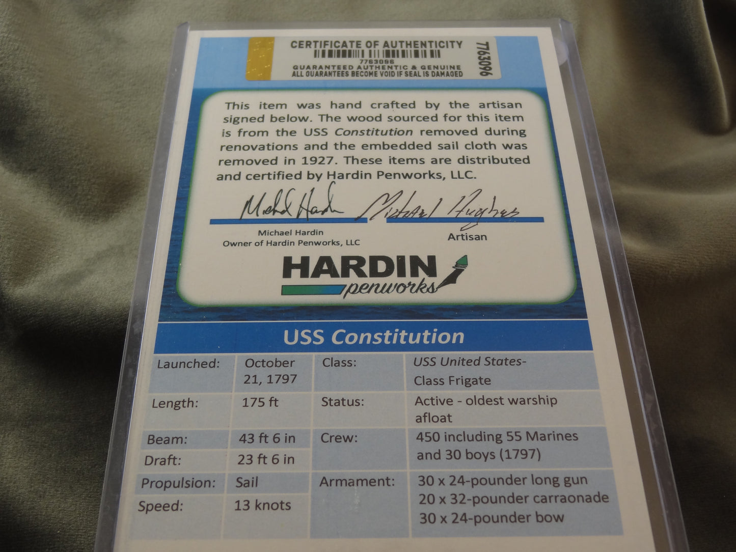 USS Constitution Historical Ink Pen with COA
