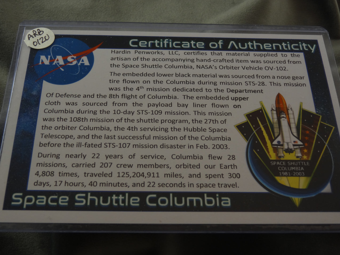 Columbia Shuttle Historical Pen with COA