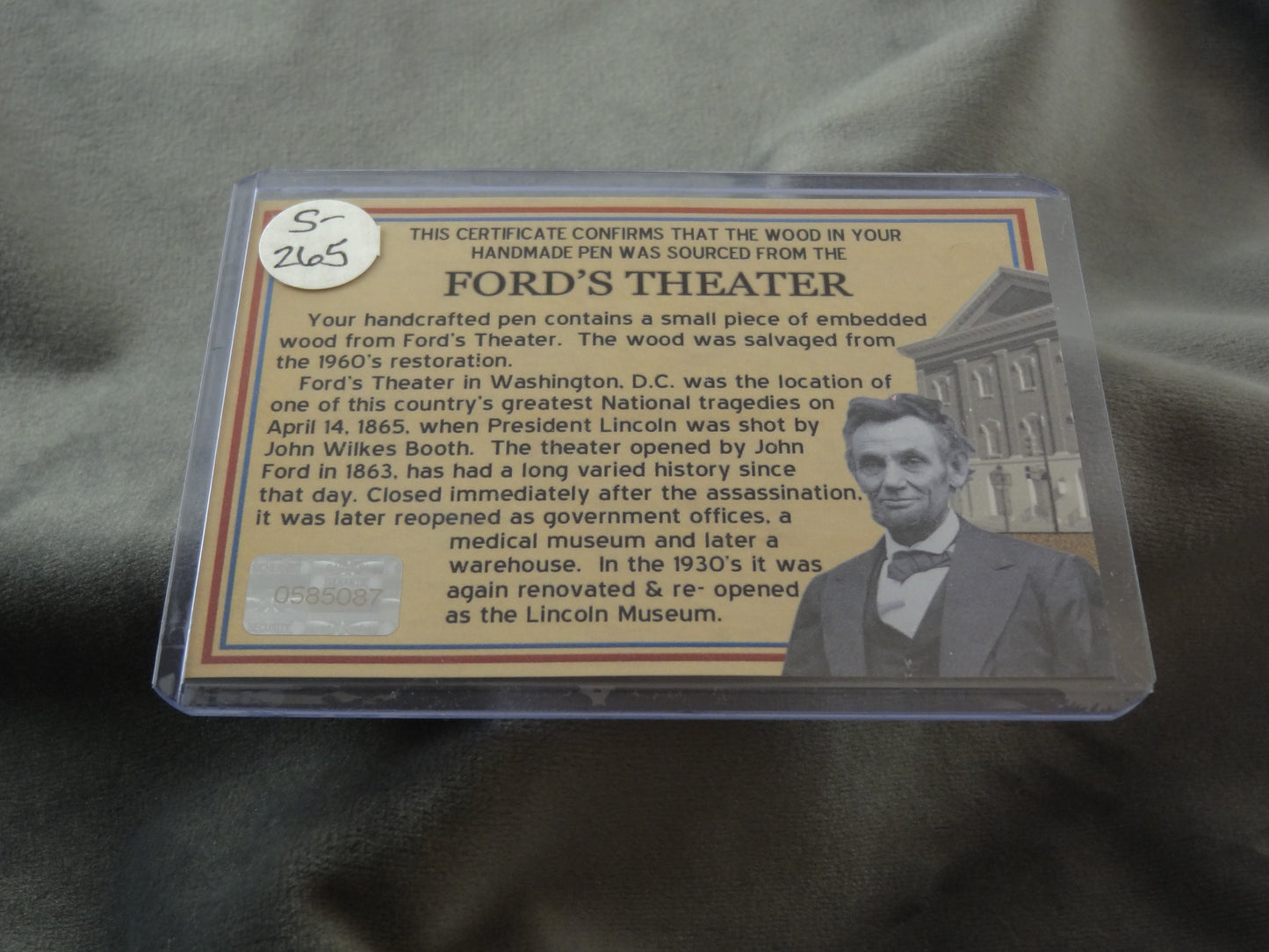Ford's Theater Historical Ink Pen with COA and Coin