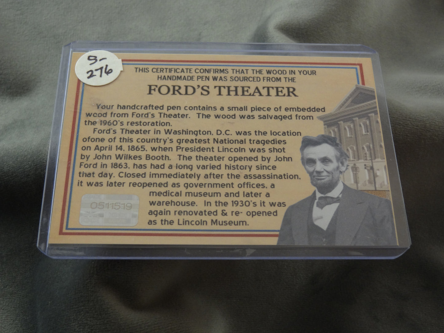 Ford's Theatre Historical Ink Pen with COA