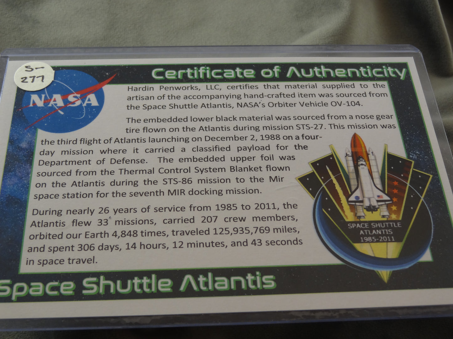 Space Shuttle Atlantis Ink Pen with COA