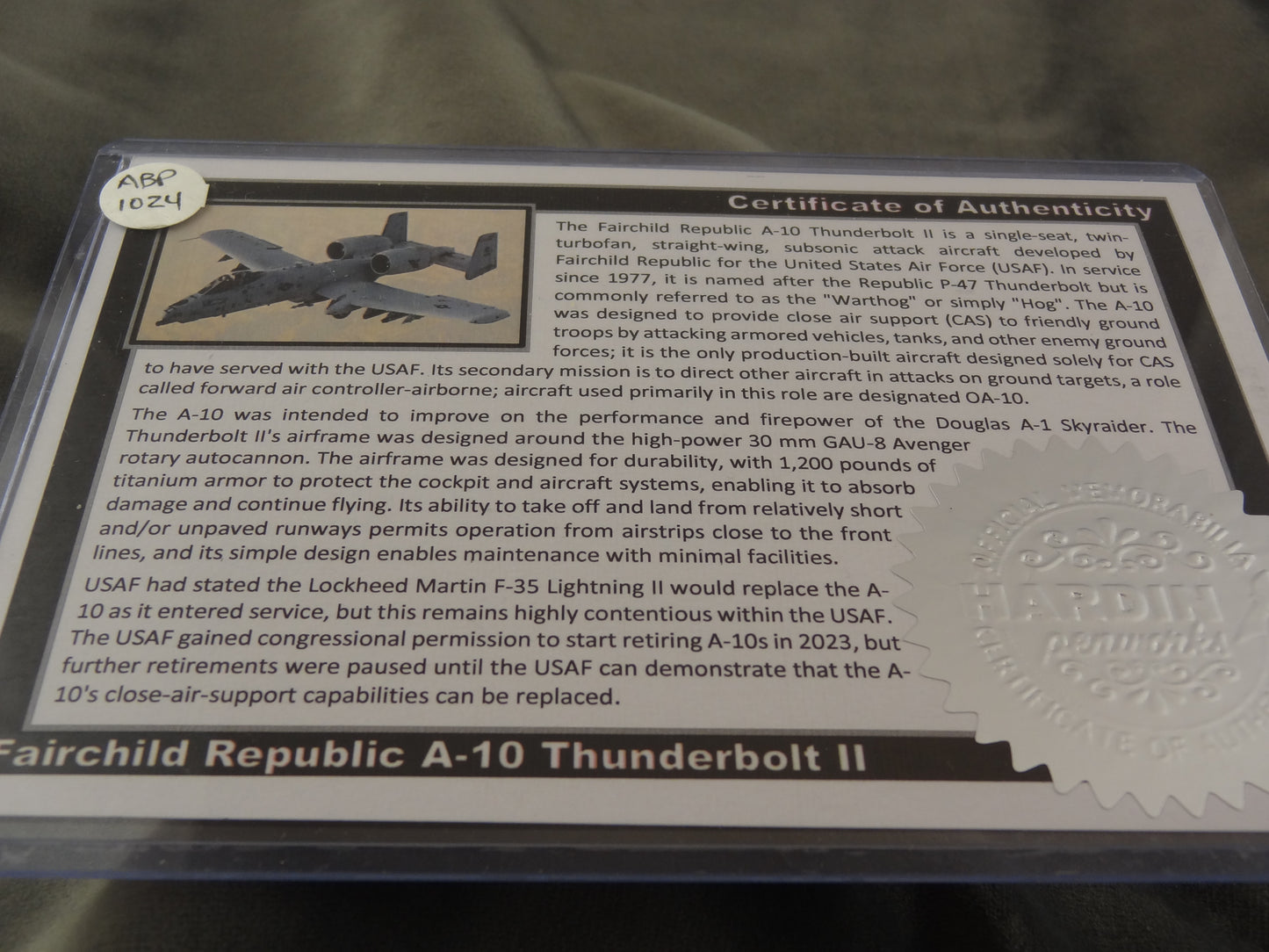 Fairchild Republic A-10 Thunderbolt II Ink Pen with COA