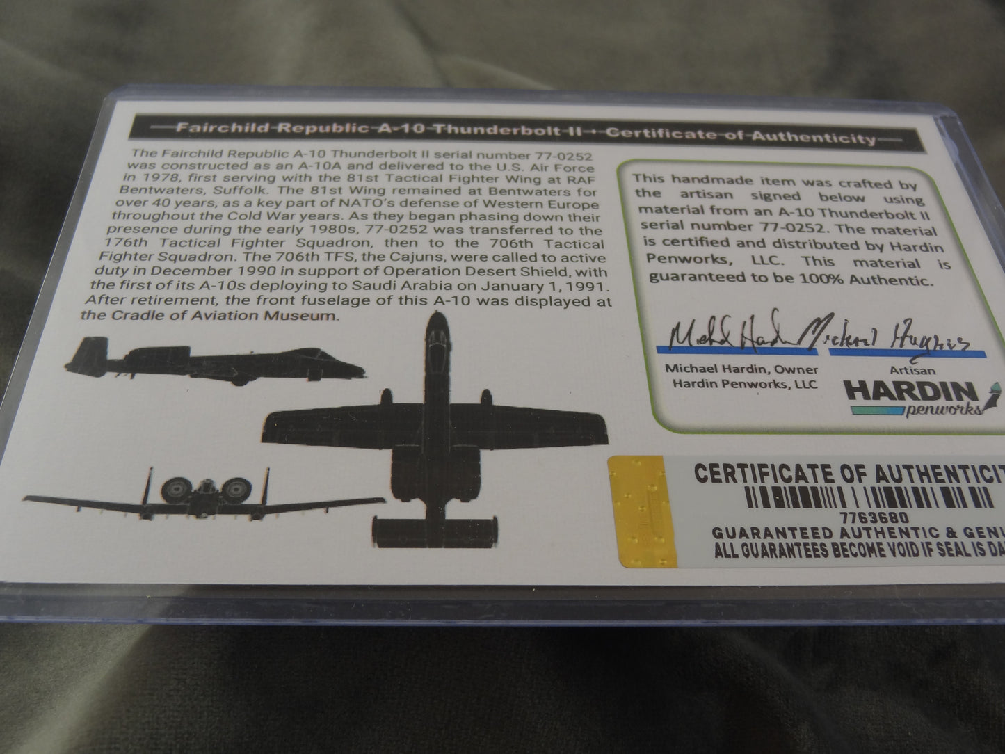 Fairchild Republic A-10 Thunderbolt II Ink Pen with COA
