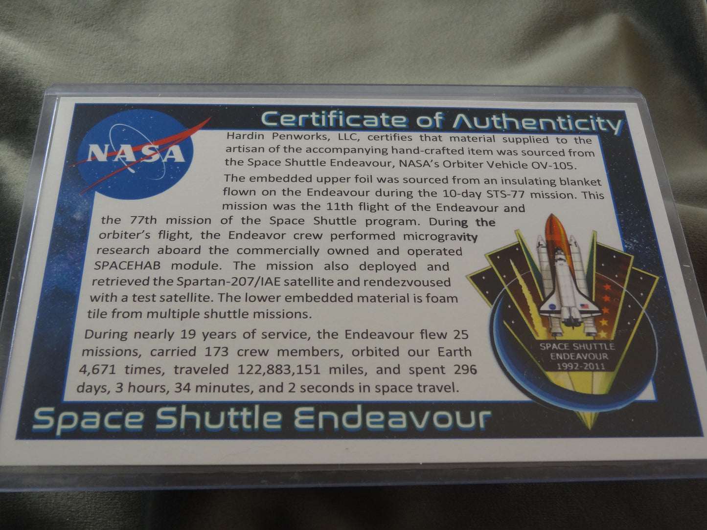 Endeavor Space Shuttle Historical Ink Pen with COA